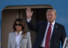 Пришлось попотеть: Мелания Трамп покоряла жаркий Хельсинки в кожаных брюках-скинни оттенка загара